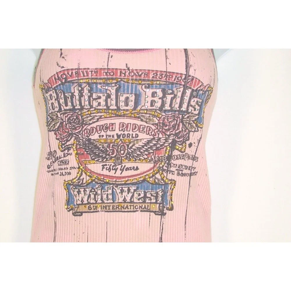 Skinny Minnie Tank Top M Buffalo Bills Rough Riders Pink Ribbed Dirty Wash - Picture 6 of 6